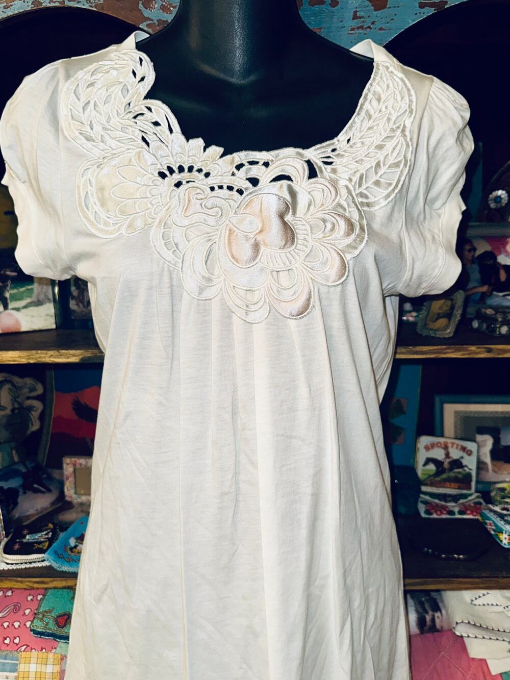 90's/Y2K VIVIENNE TAM TOP W/ LACE BIB, CUTOUTS, PINK SATIN FLORAL APPLIQUE